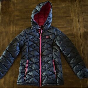 Reebok Girl’s Black and Pink Puffer Coat Size Large (14-16)